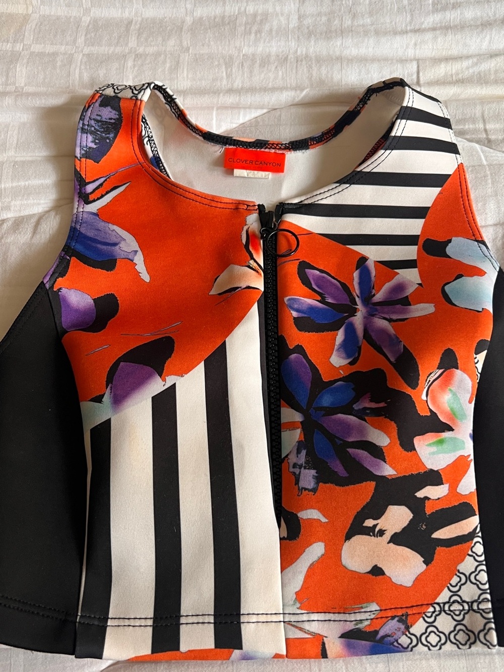 Clover Canyon Orange Floral-Print Neoprene Zip Vest with Stripes